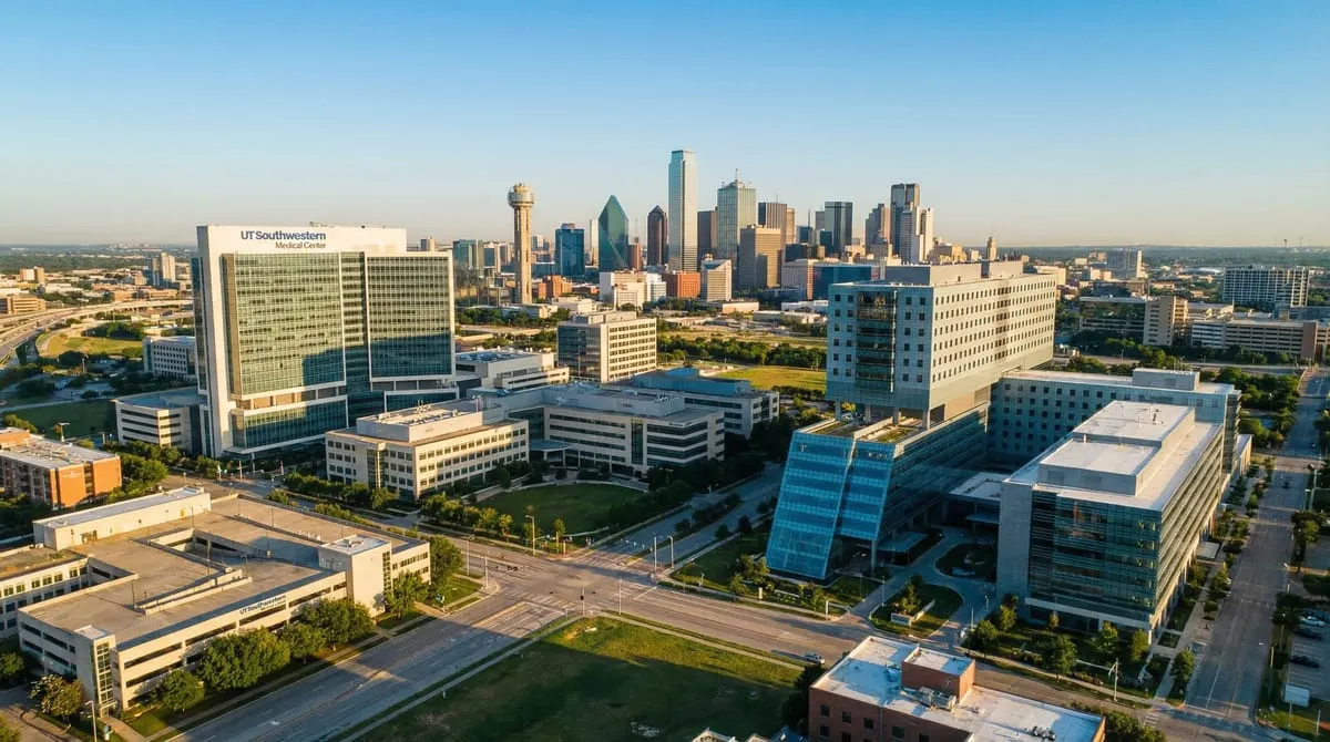 Aerial view of the Dallas Medical District showing UT Southwestern Medical Center, Parkland Memorial Hospital, and Children's Medical Center with the Dallas skyline in the background