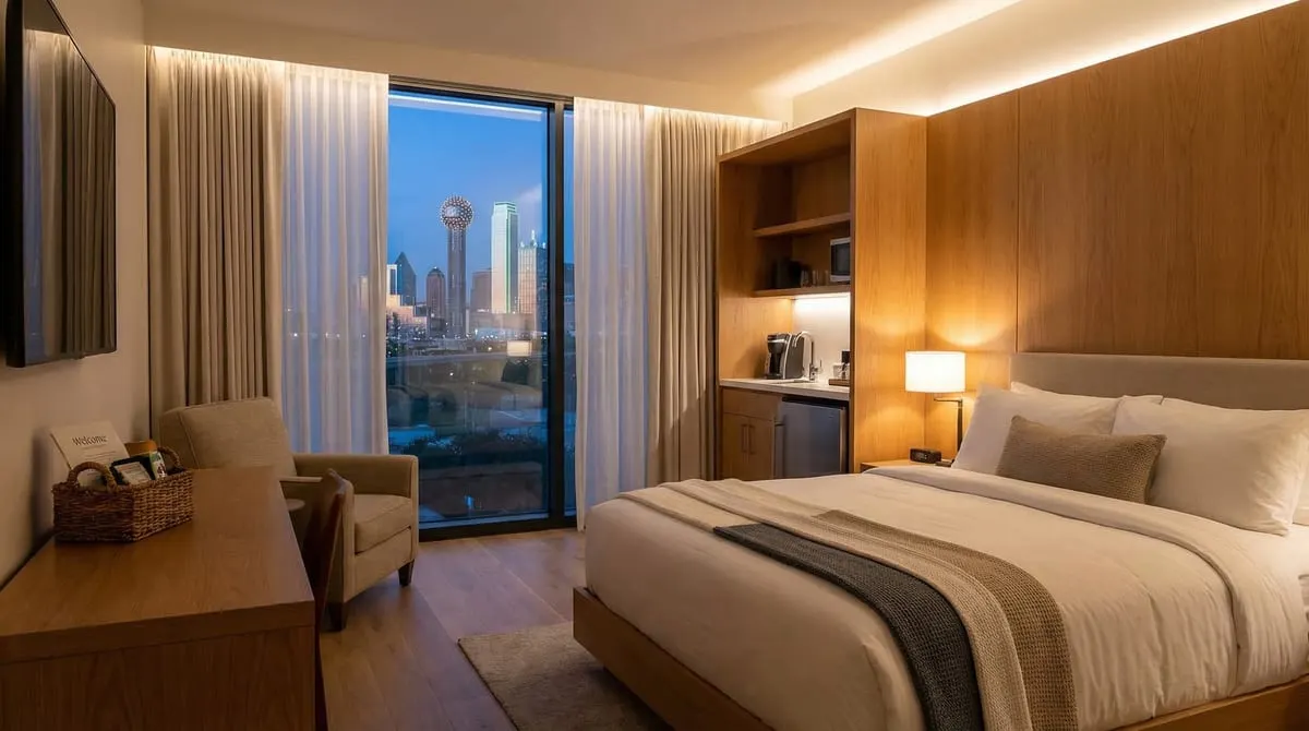 Comfortable patient lodging room in Dallas with warm wood tones, kitchenette, and a view of the Dallas skyline at dusk
