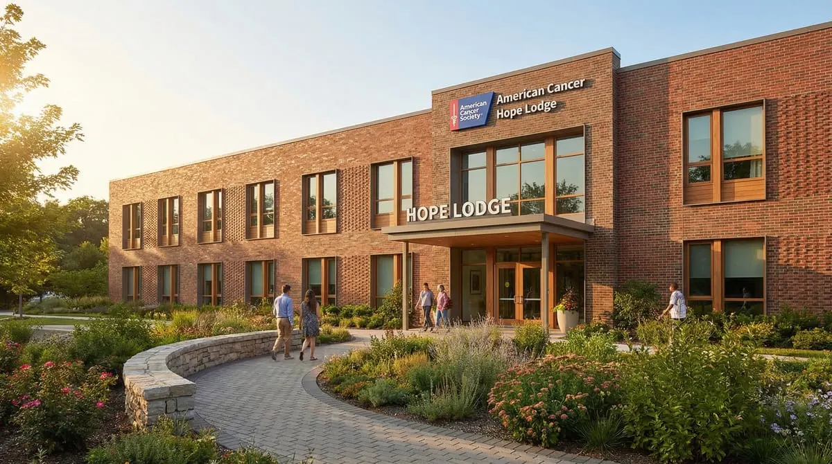 Hope Lodge Dallas exterior showing the American Cancer Society free patient housing building with landscaped garden path and warm brick facade