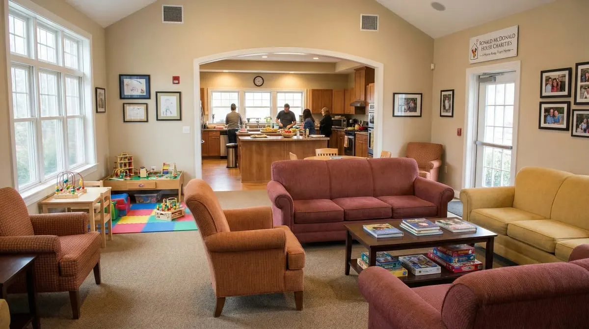 Ronald McDonald House Dallas family room with comfortable seating, children's play area, and communal kitchen — free family housing for pediatric patients