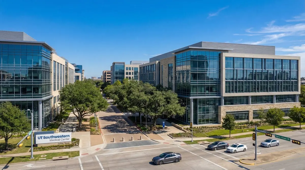 UT Southwestern Medical Center campus exterior on Harry Hines Boulevard in Dallas, modern academic medical center buildings with glass facades and tree-lined walkways