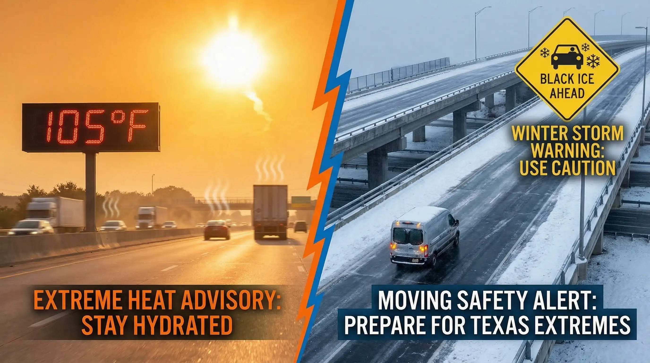 Dallas weather extremes for moving: 105F summer heat on left, icy highways and winter storm warnings on right