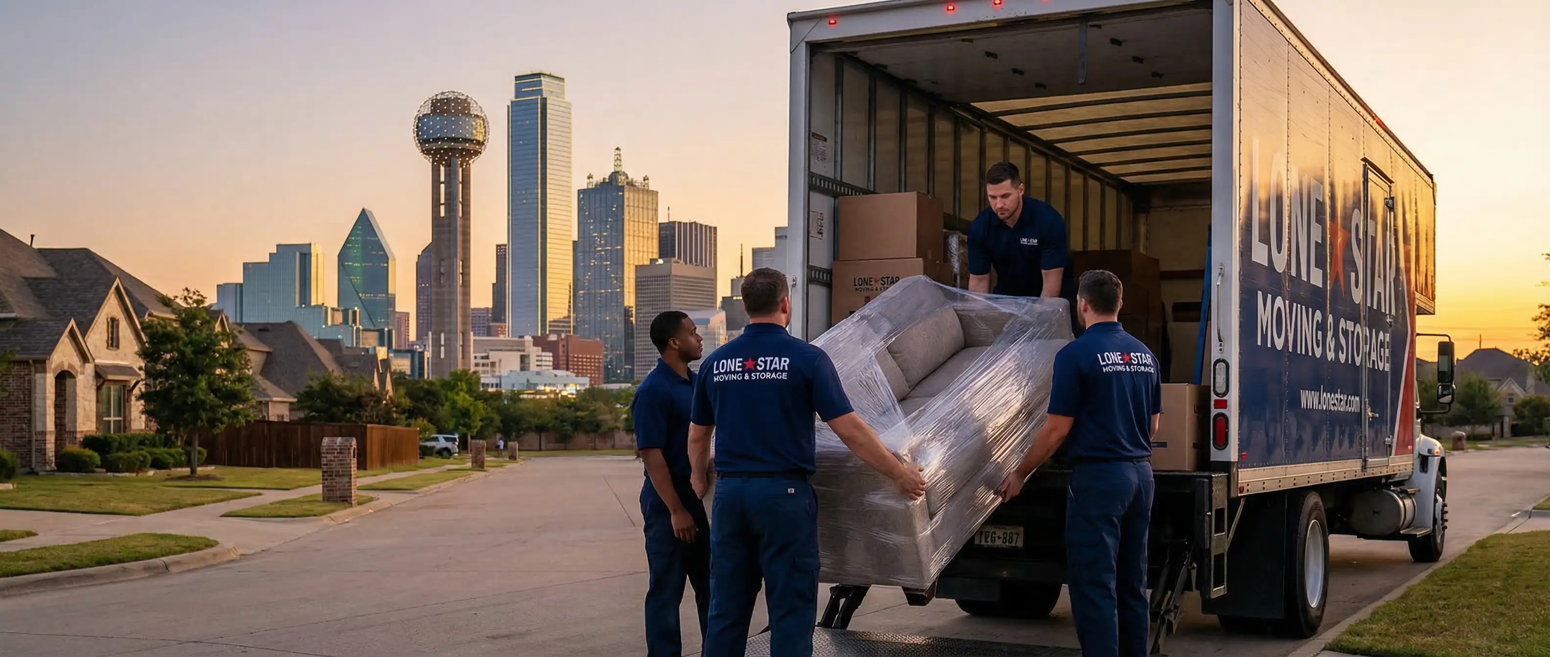 Professional Dallas movers loading furniture with Dallas skyline including Reunion Tower in background