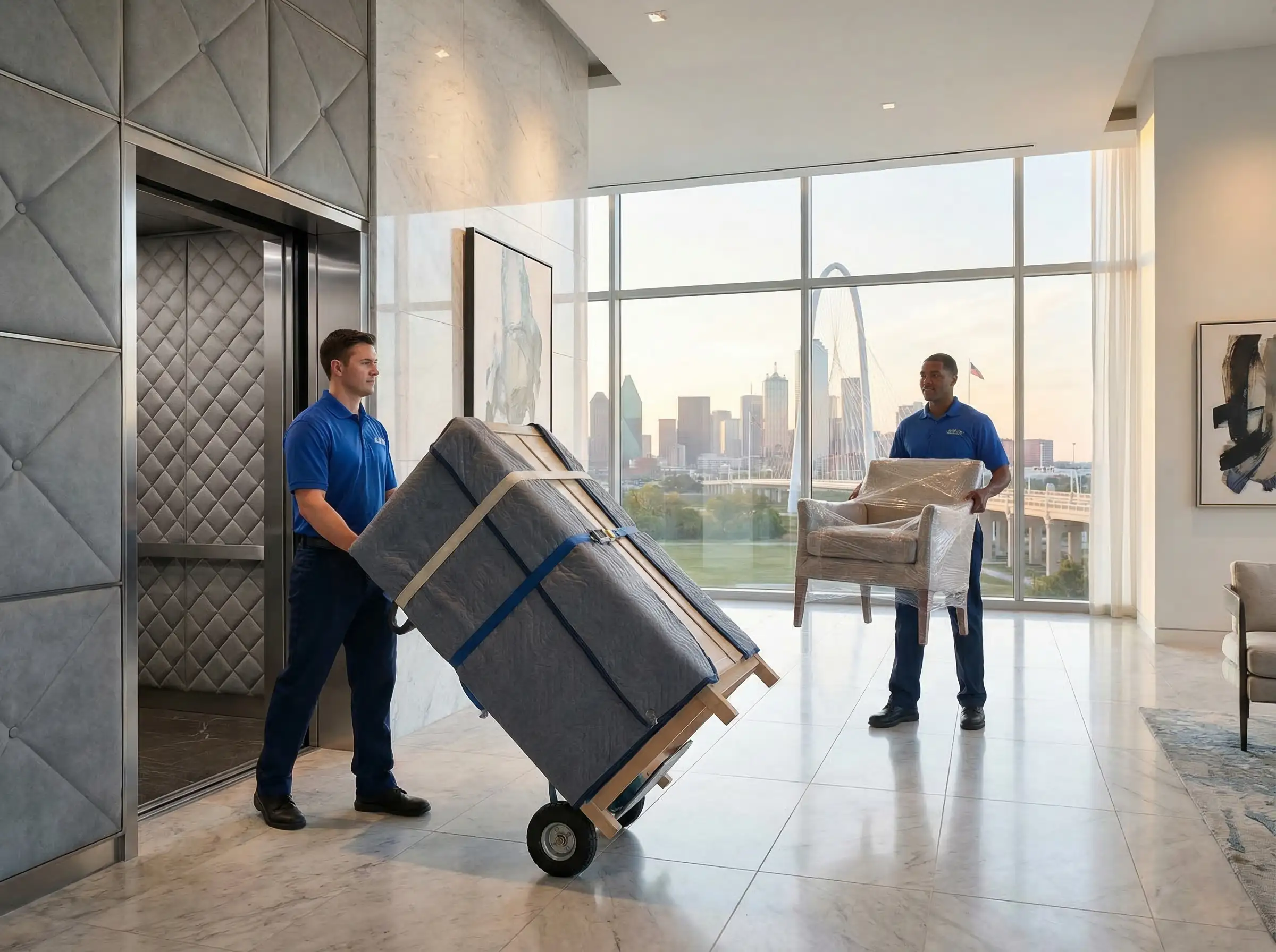 Professional movers working in Uptown Dallas high-rise apartment building with Margaret Hunt Hill Bridge visible through lobby windows