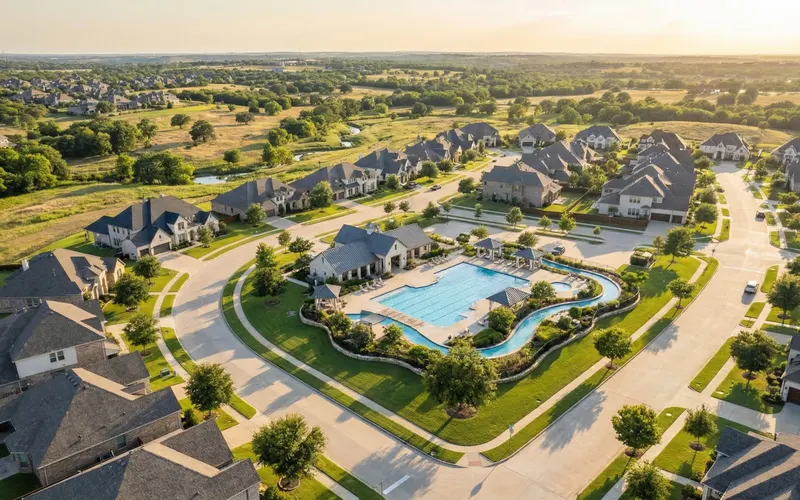 Aerial view of a master-planned suburban community in Frisco Texas with large homes, manicured lawns, and community pool