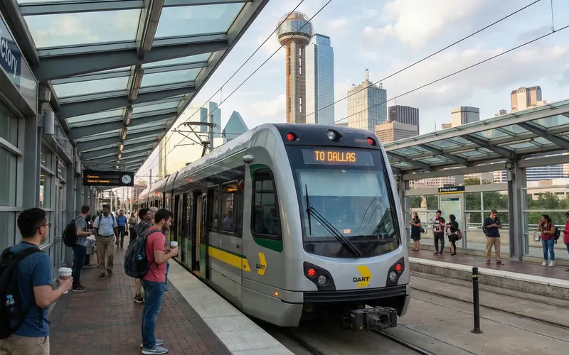 DART light rail train at a modern station in Dallas with downtown skyline and Reunion Tower visible in the background