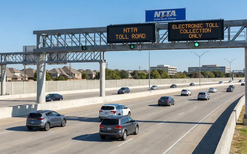 NTTA Dallas North Tollway electronic toll gantry with cars driving on multi-lane highway in suburban North Texas