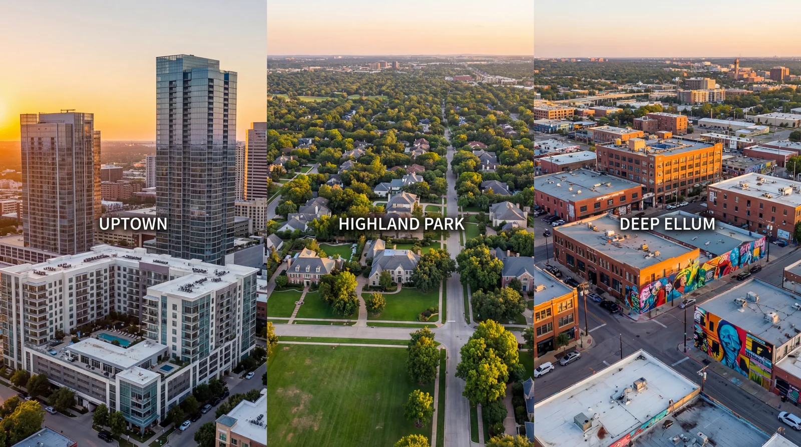 Aerial view of Dallas-Fort Worth metroplex neighborhoods showing the downtown skyline, northern suburbs, and surrounding communities