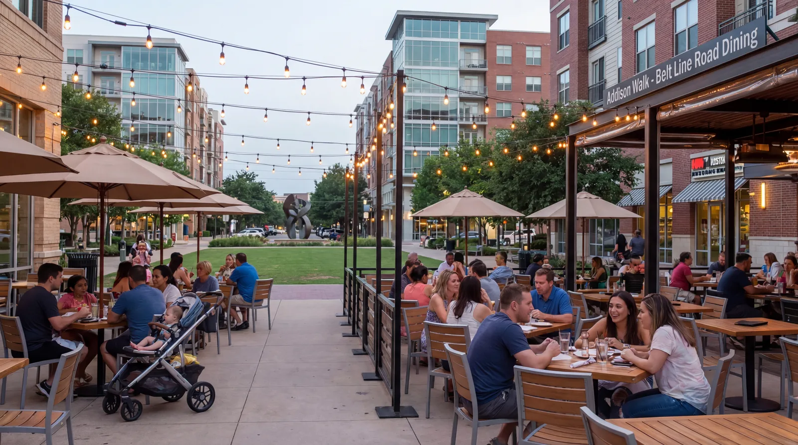 Addison TX Belt Line Road restaurant row with outdoor patios, neon signs, and diverse diners on a warm evening