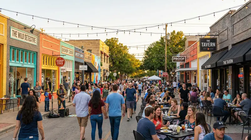 Bishop Arts District Dallas walkable streets with colorful murals, local boutiques, and diverse crowds browsing