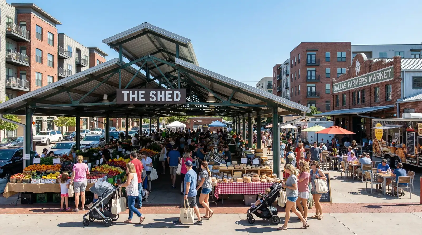 Dallas Farmers Market District with fresh produce vendors, food hall, and families shopping local goods