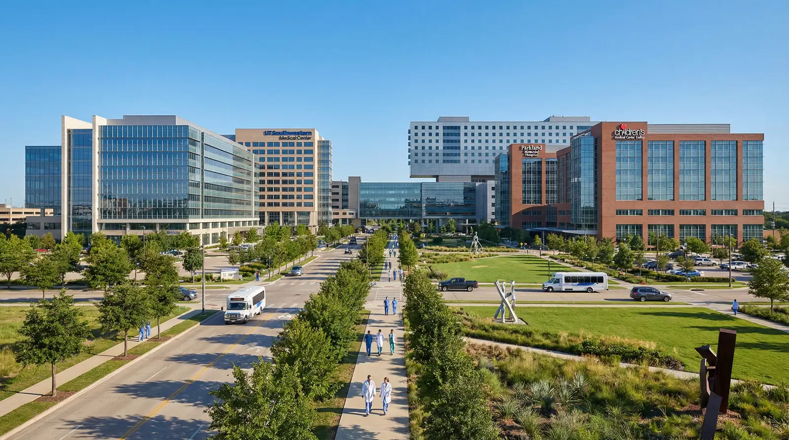 Dallas Medical District with UT Southwestern and Parkland Hospital campus, medical professionals walking