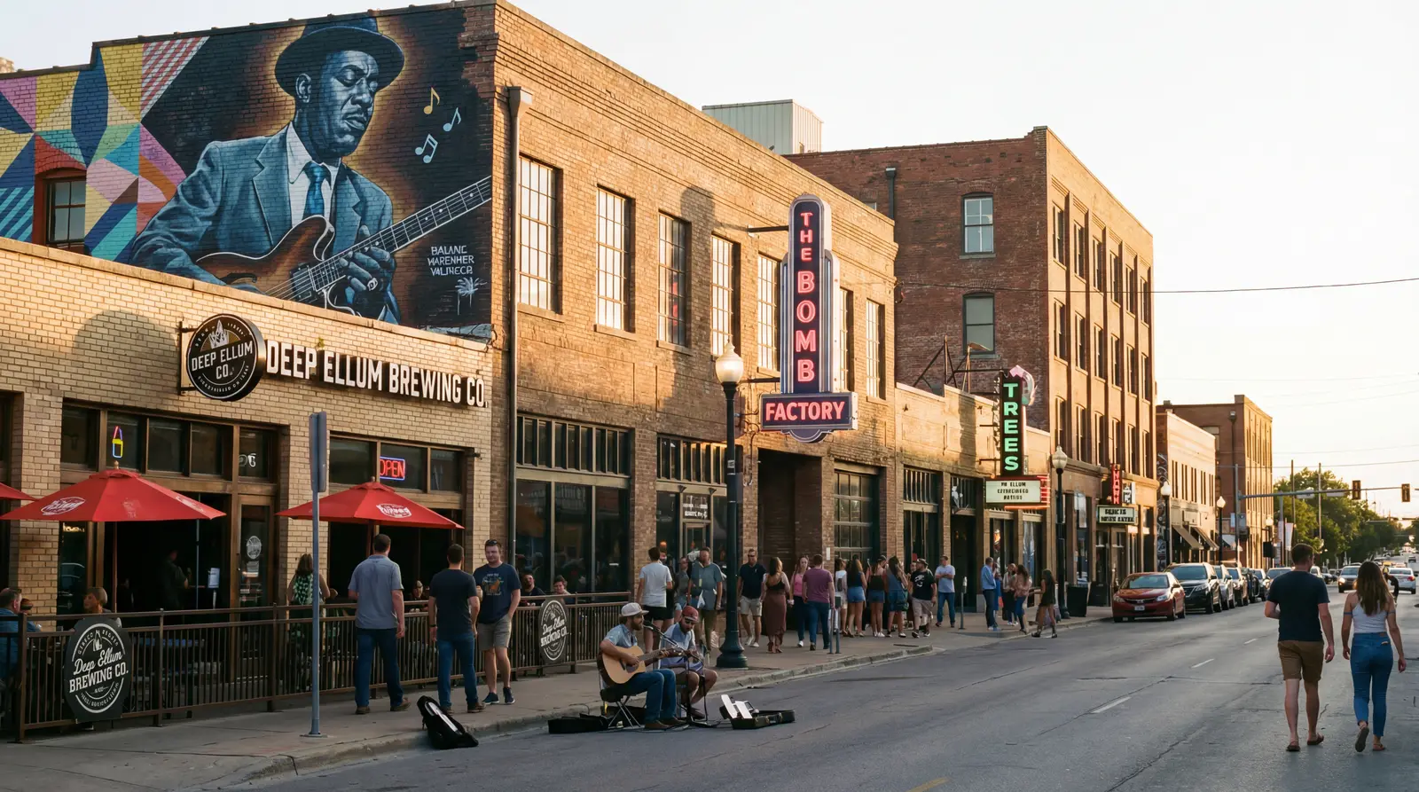 Deep Ellum Dallas live music district with neon-lit clubs, street murals, and crowds enjoying nightlife