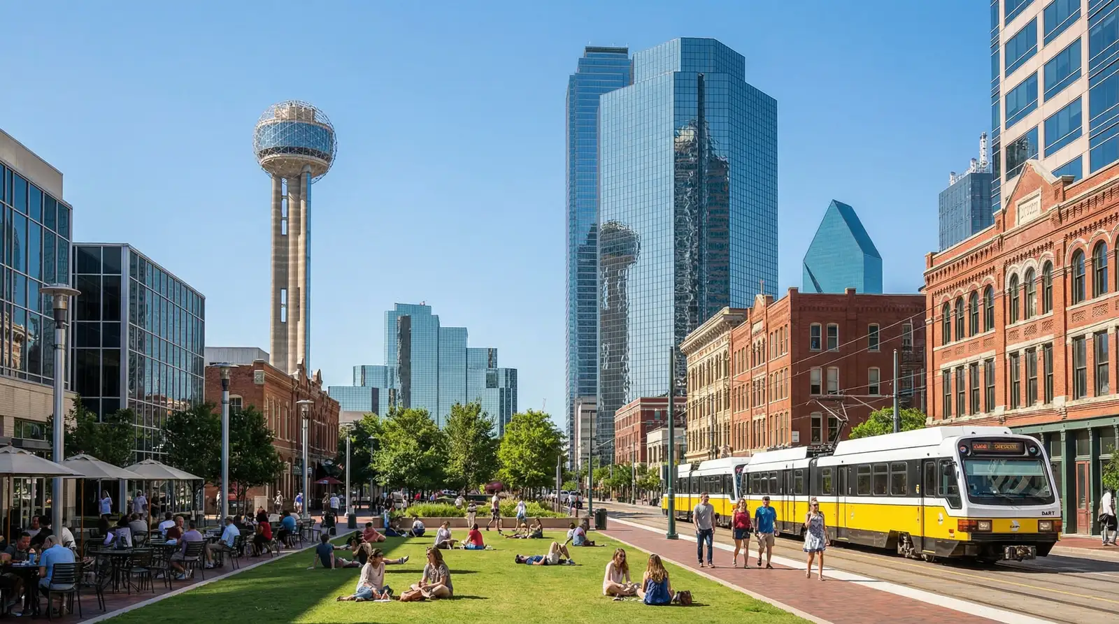 Downtown Dallas skyline with Reunion Tower, modern skyscrapers, and urban streetscape at golden hour