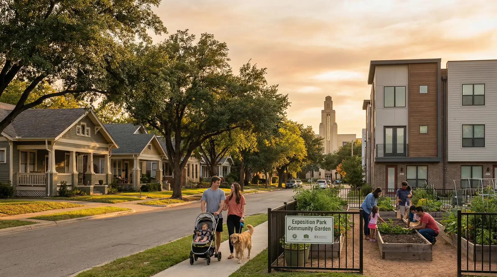 Exposition Park Dallas charming craftsman bungalows on tree-lined streets with community garden