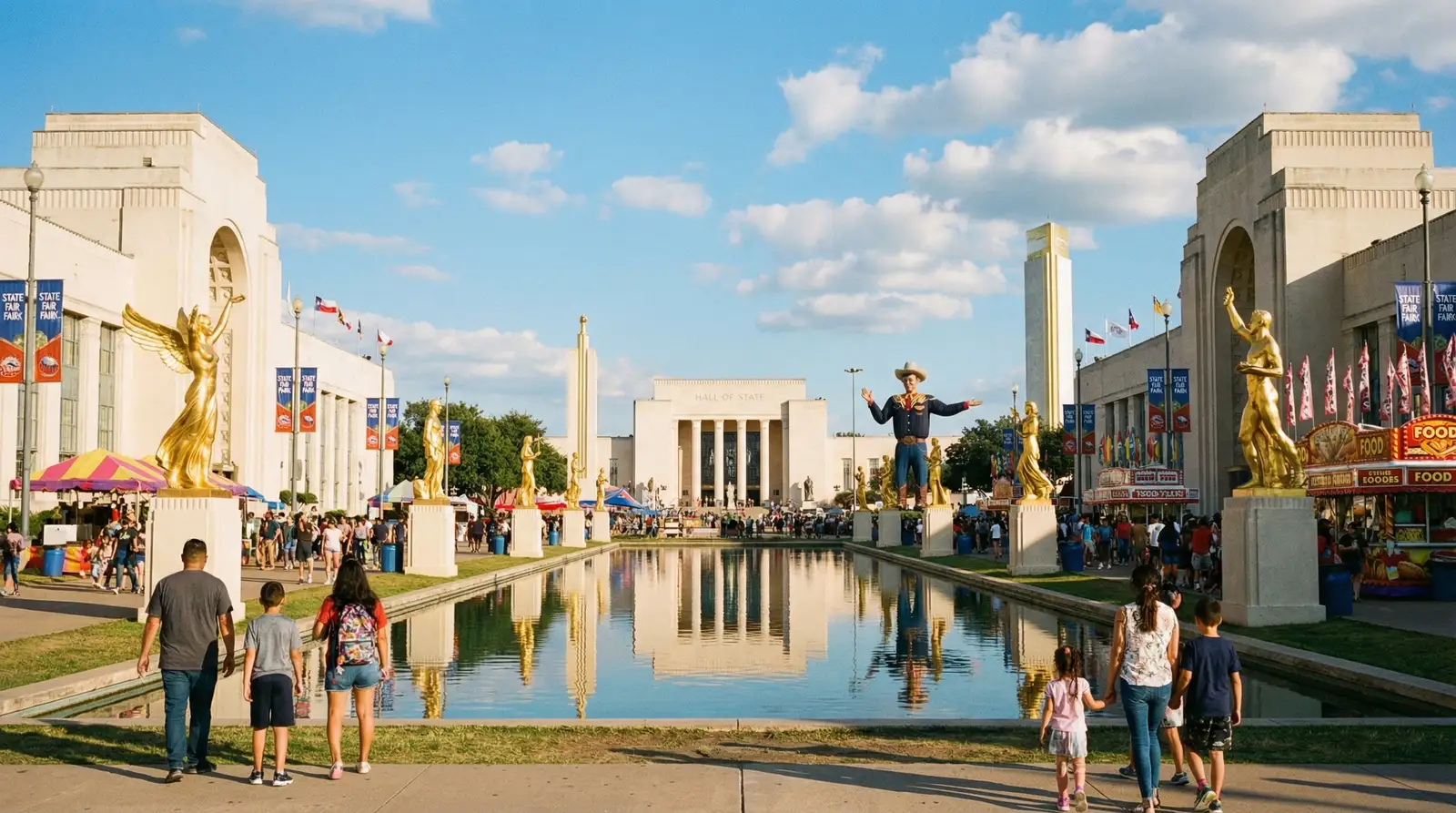 Fair Park Dallas Art Deco esplanade with historic exhibition buildings and State Fair of Texas grounds