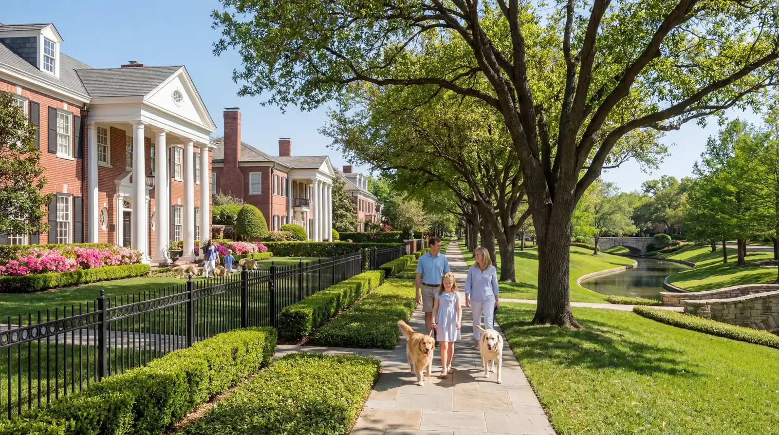Highland Park Dallas grand Tudor estates along tree-lined streets near SMU campus and Highland Park Village