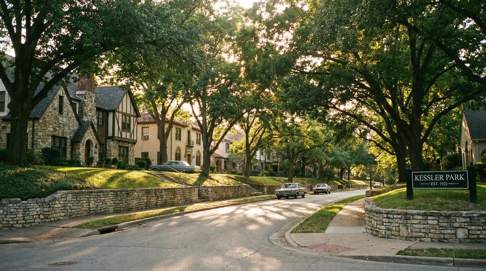 Kessler Park Dallas Tudor and Craftsman homes on hilly wooded lots with mature oak trees