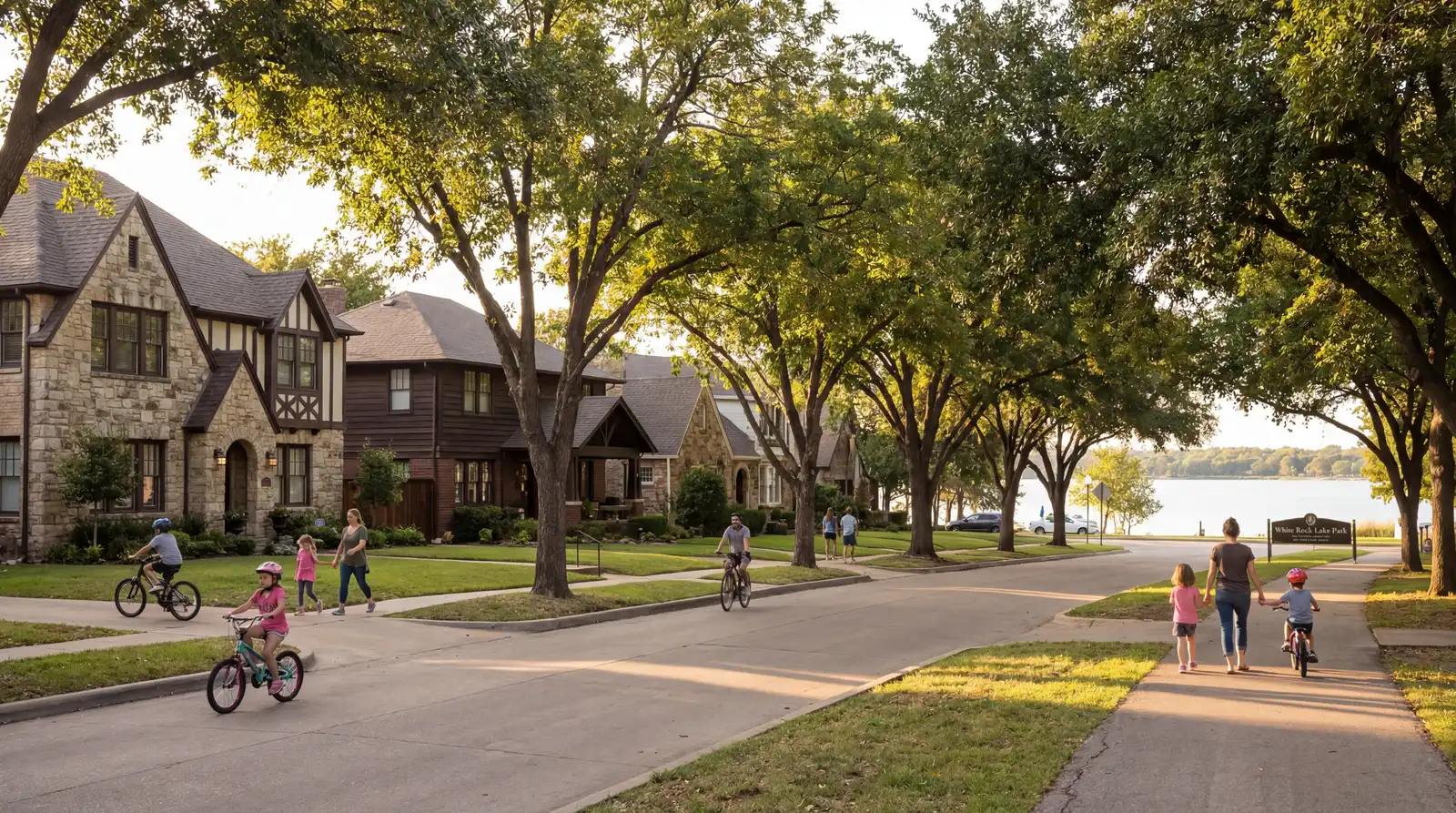 Lakewood Dallas charming Tudor homes near White Rock Lake with families biking on tree-lined streets