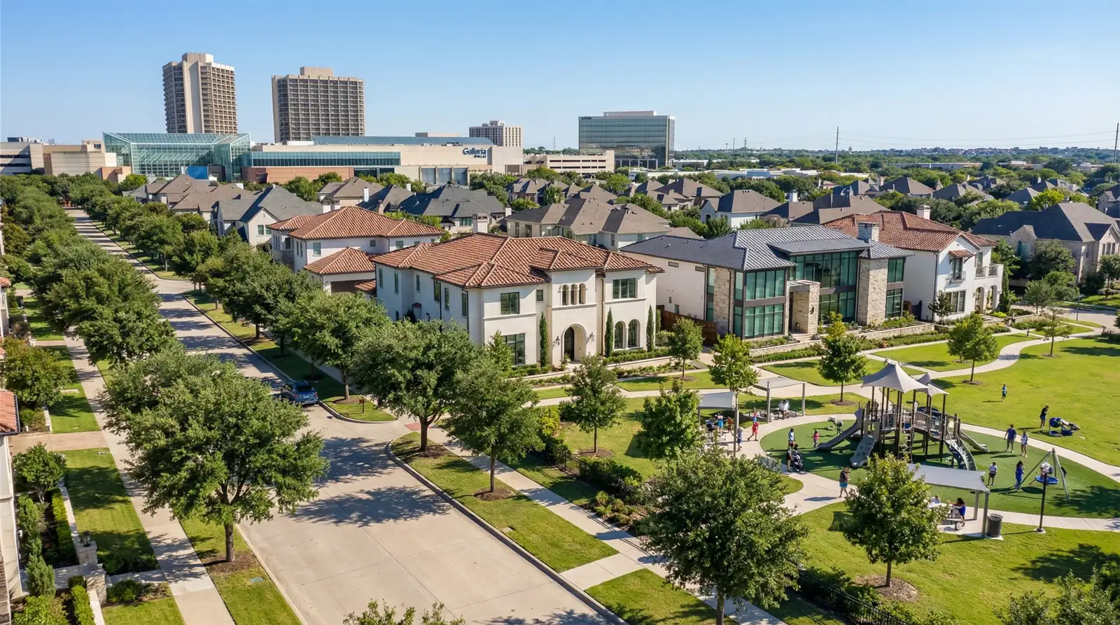 North Dallas Galleria area with upscale shopping, corporate offices, and established residential neighborhoods