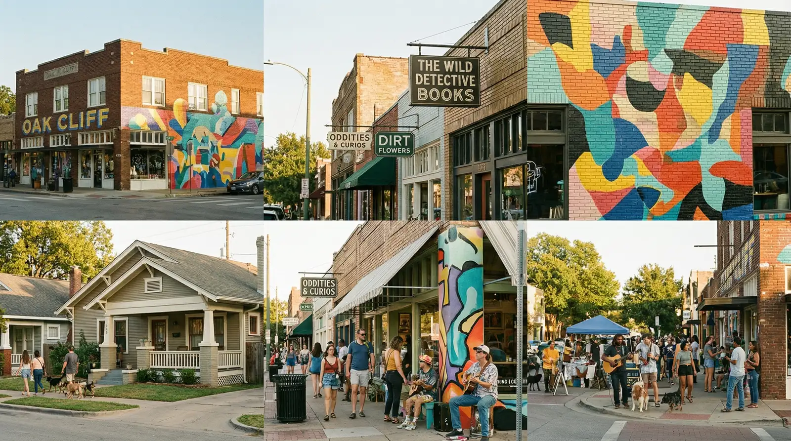 Oak Cliff Dallas Bishop Arts District with colorful murals, local shops, and revitalized craftsman bungalows