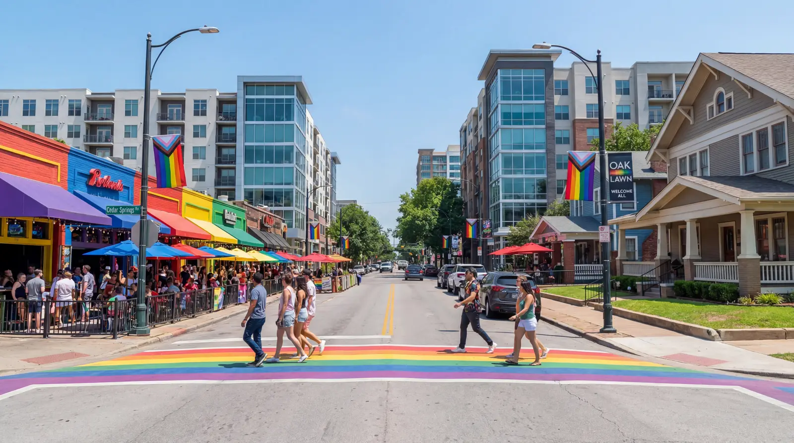 Oak Lawn Dallas vibrant Cedar Springs Road with rainbow crosswalk, diverse community, and outdoor patios
