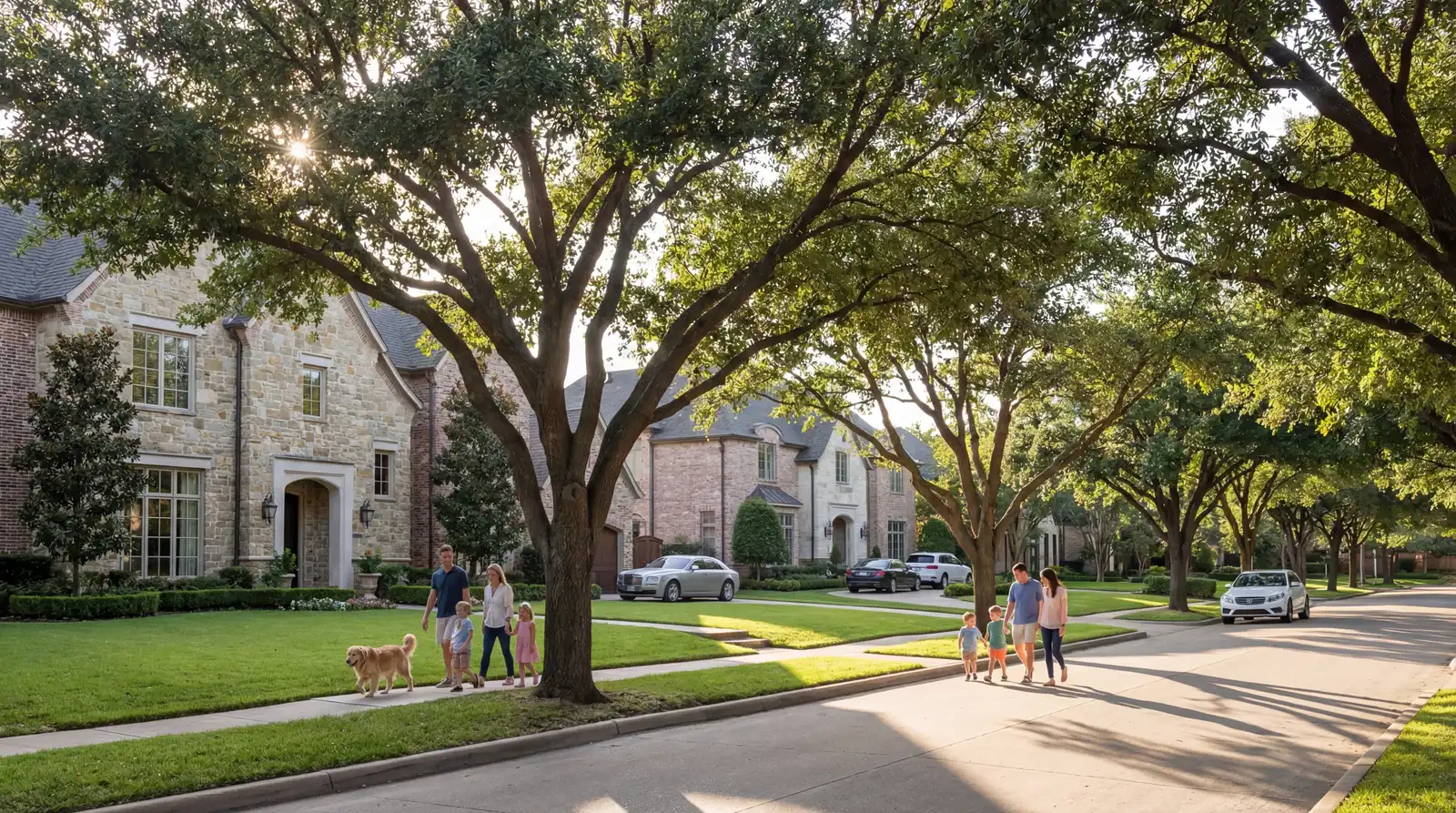 Preston Hollow Dallas prestigious estate homes with mature oak trees, manicured lawns, and families on quiet streets