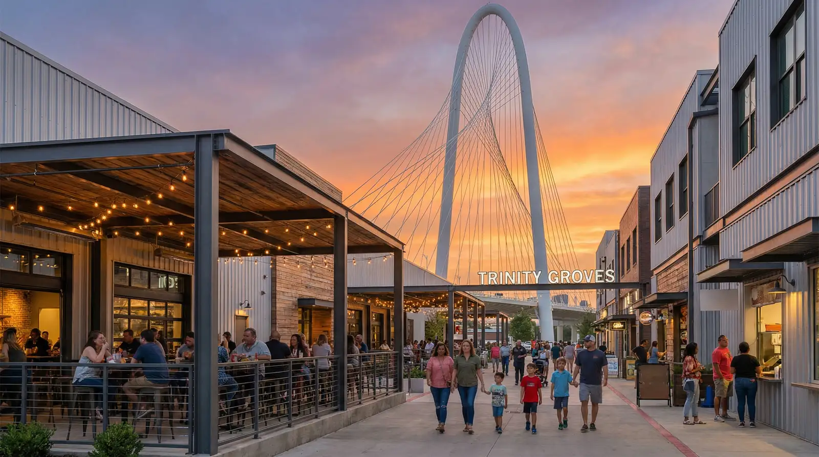Trinity Groves Dallas restaurant district near Margaret Hunt Hill Bridge with skyline views and outdoor dining