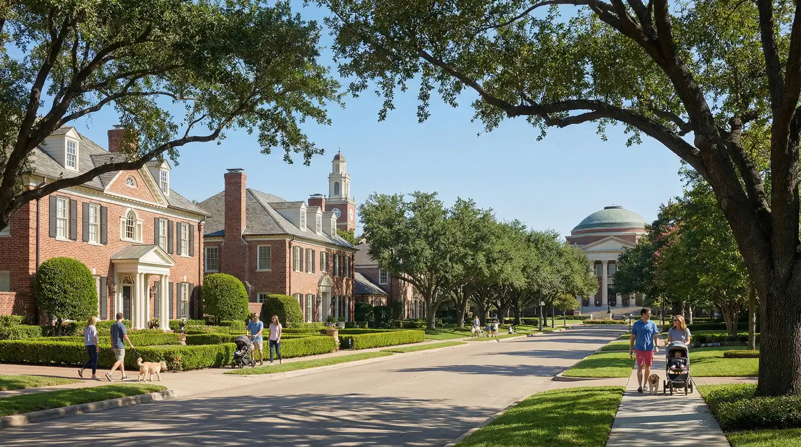 University Park Dallas stately homes near SMU campus with tree-lined boulevards and top-rated schools