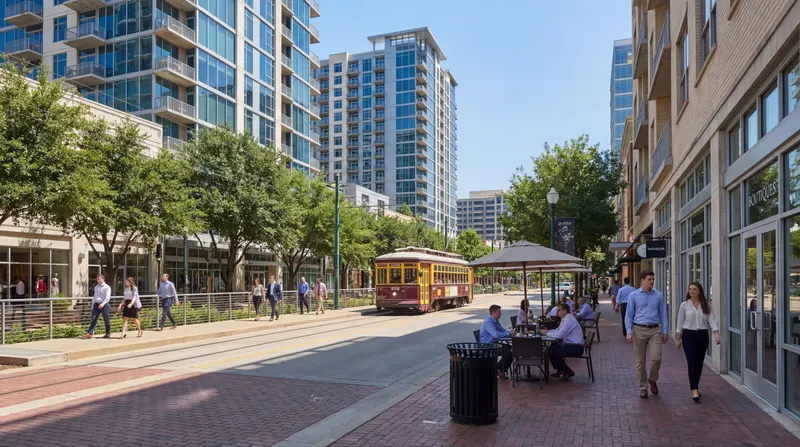 Uptown Dallas McKinney Avenue trolley with high-rise living, rooftop bars, and walkable urban lifestyle