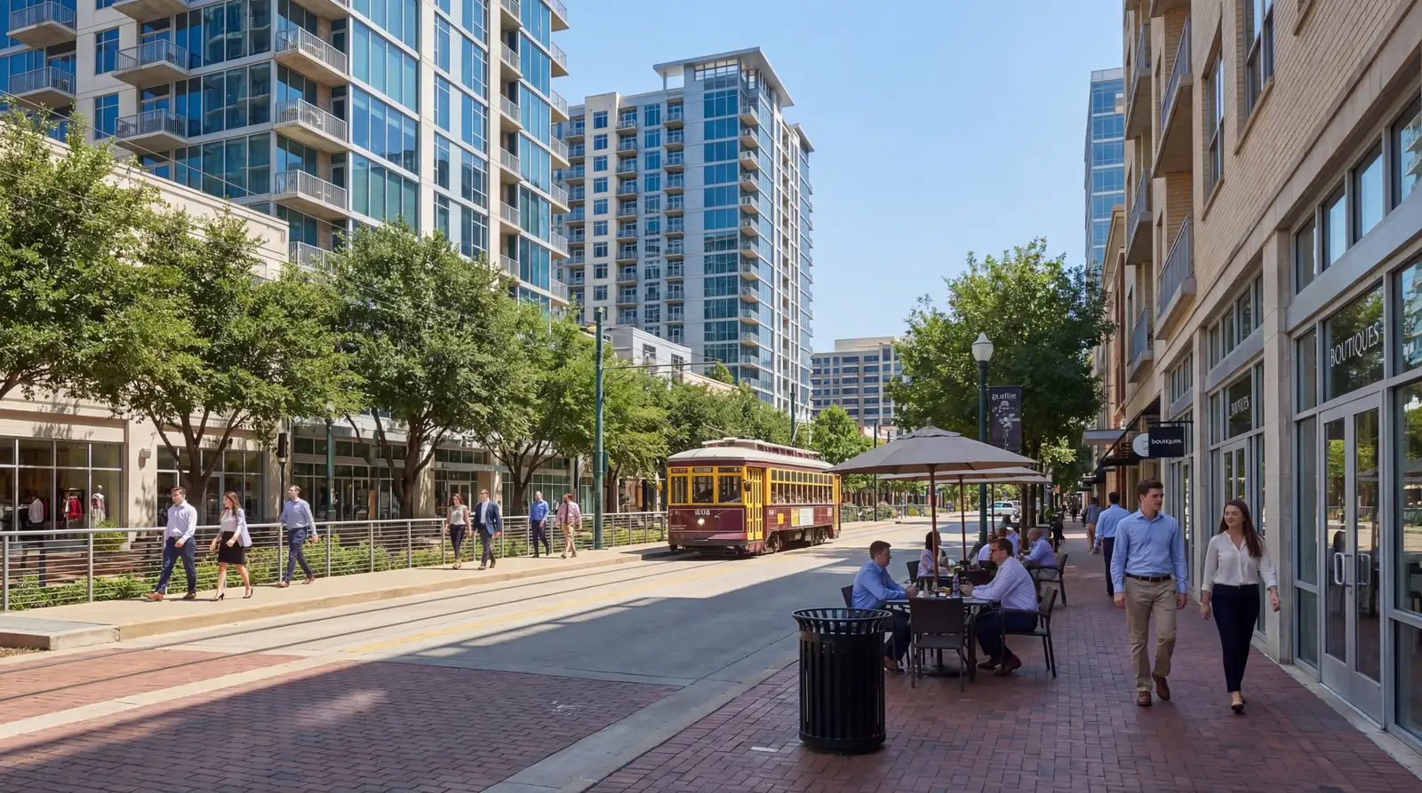 Uptown Dallas McKinney Avenue trolley with high-rise living, rooftop bars, and walkable urban lifestyle
