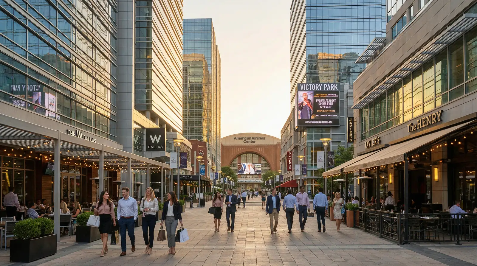 Victory Park Dallas entertainment district with American Airlines Center, luxury condos, and upscale dining