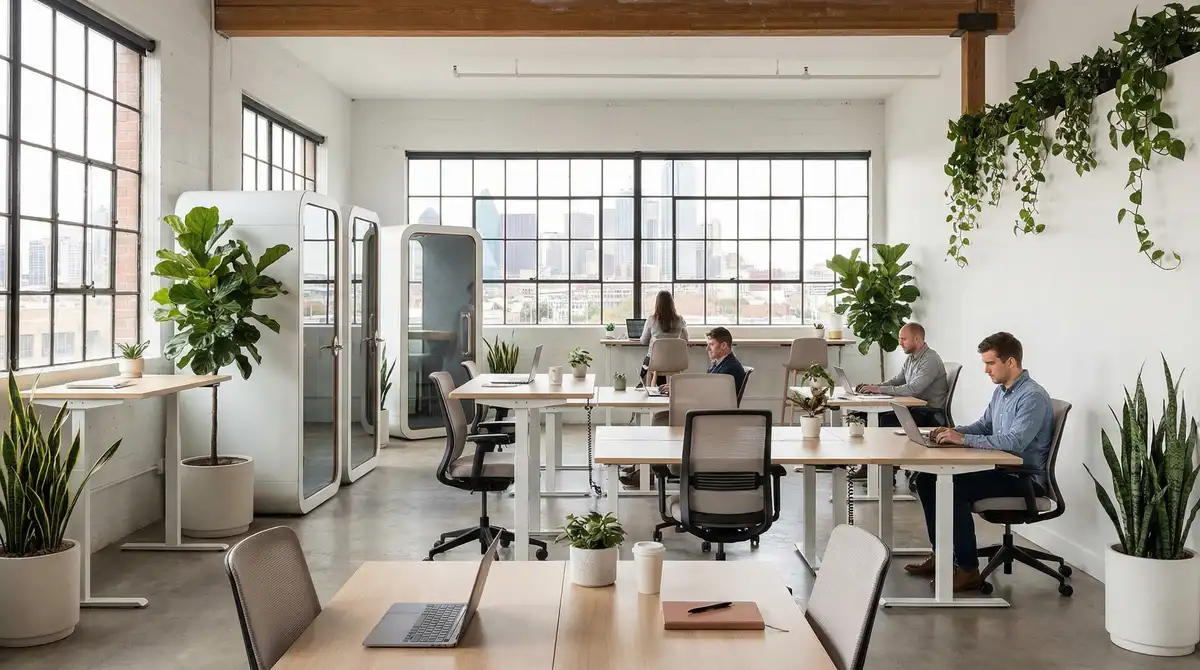 Modern coworking space interior in Dallas with standing desks, phone booths, natural light, and people working on laptops