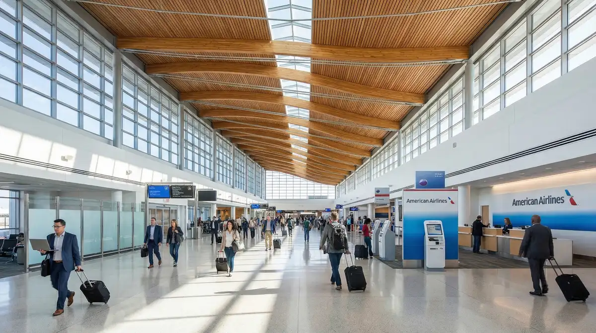 DFW International Airport terminal interior with modern architecture, bright lighting, and travelers with laptops and carry-on luggage