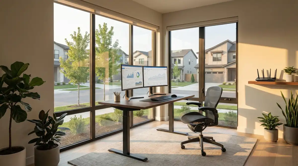Modern home office in a Dallas-Fort Worth suburb with standing desk, dual monitors, and floor-to-ceiling windows overlooking a tree-lined neighborhood
