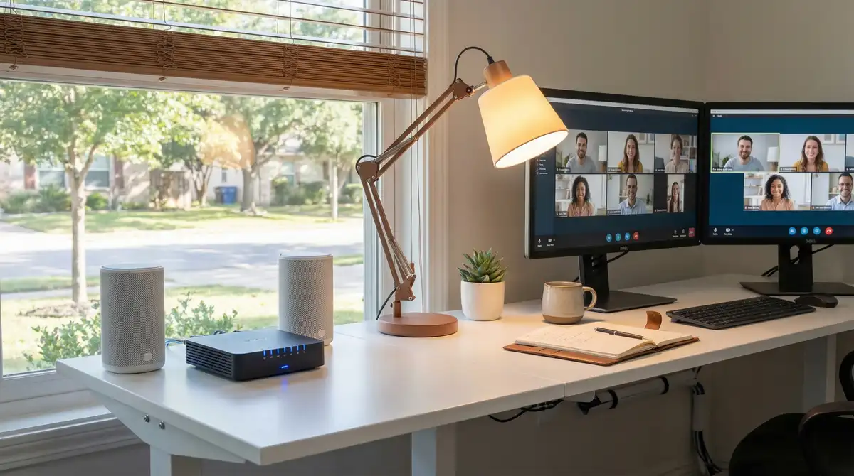 High-speed fiber optic router and mesh Wi-Fi system on a modern desk in a Dallas-Fort Worth home office with dual monitors