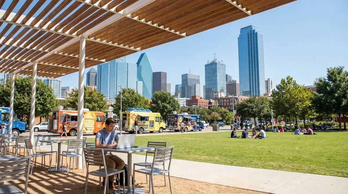 Person working on laptop at Klyde Warren Park in Dallas with food trucks, green grass, and downtown skyline in background on a sunny day