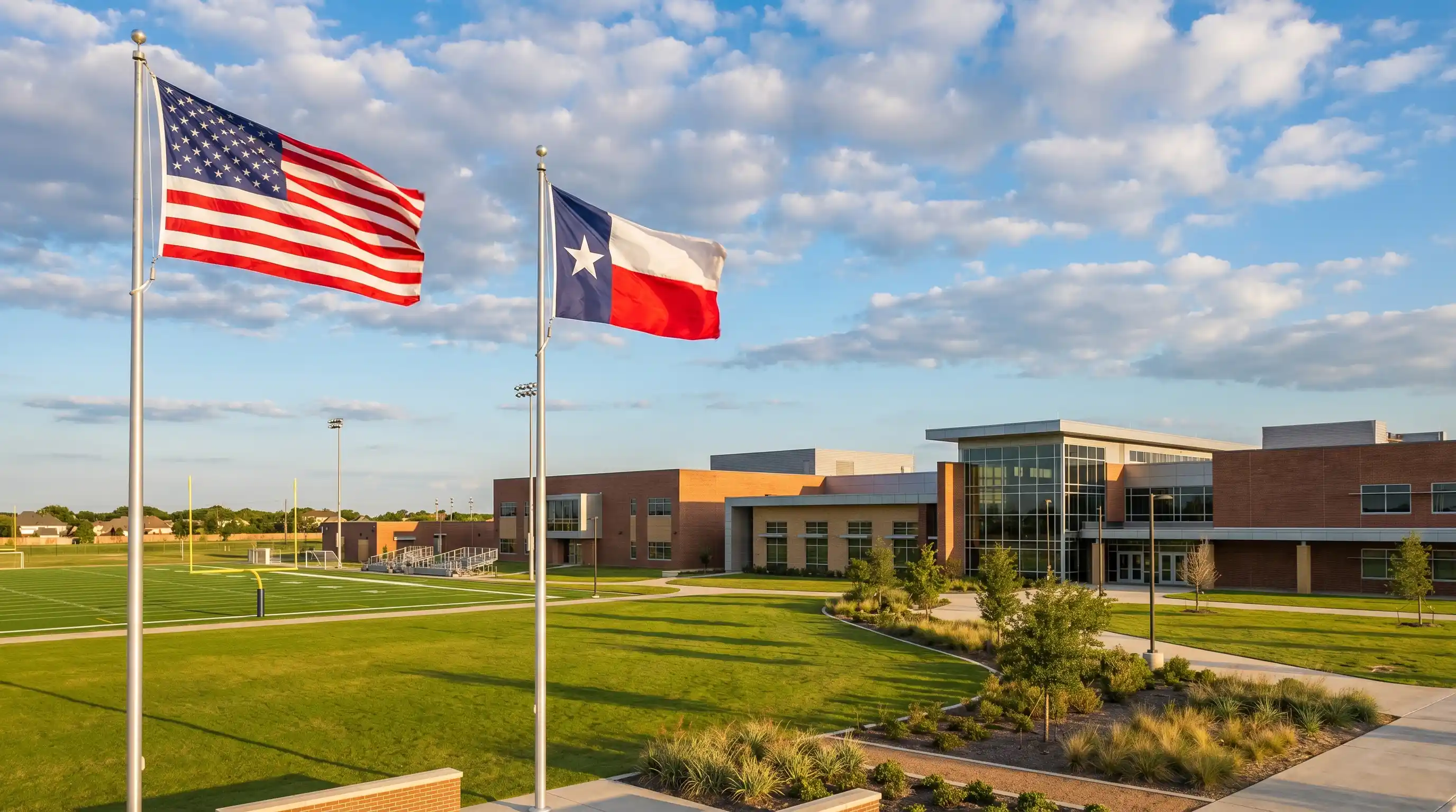 Modern school campus in a top-rated Dallas-Fort Worth school district with American and Texas flags, best school districts in Dallas 2026