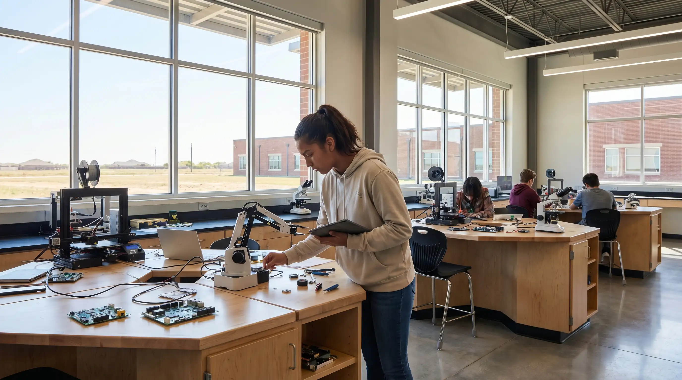 High school student working in a STEM classroom at a Dallas area school district that invests in technology programs