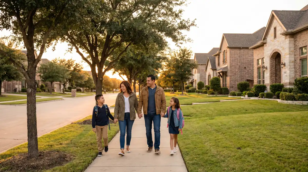 Family exploring a DFW suburb known for top-rated schools and affordable homes