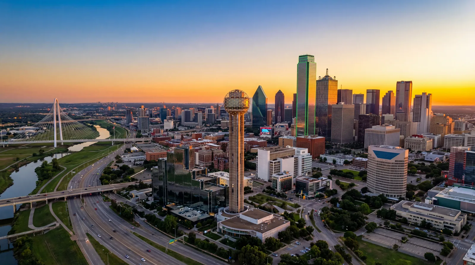 Dallas skyline with modern skyscrapers and Reunion Tower