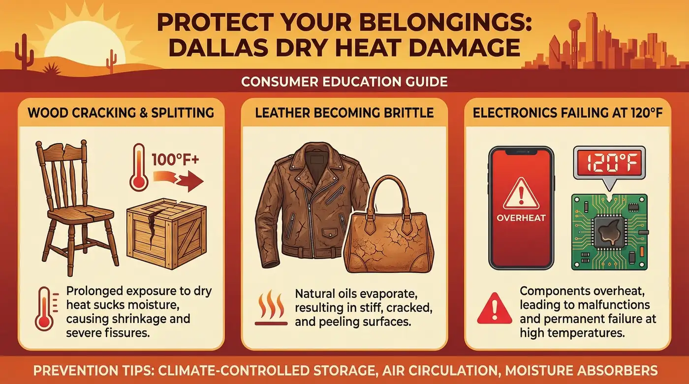 Furniture and electronics damaged by dry heat in a non-climate-controlled Dallas storage unit