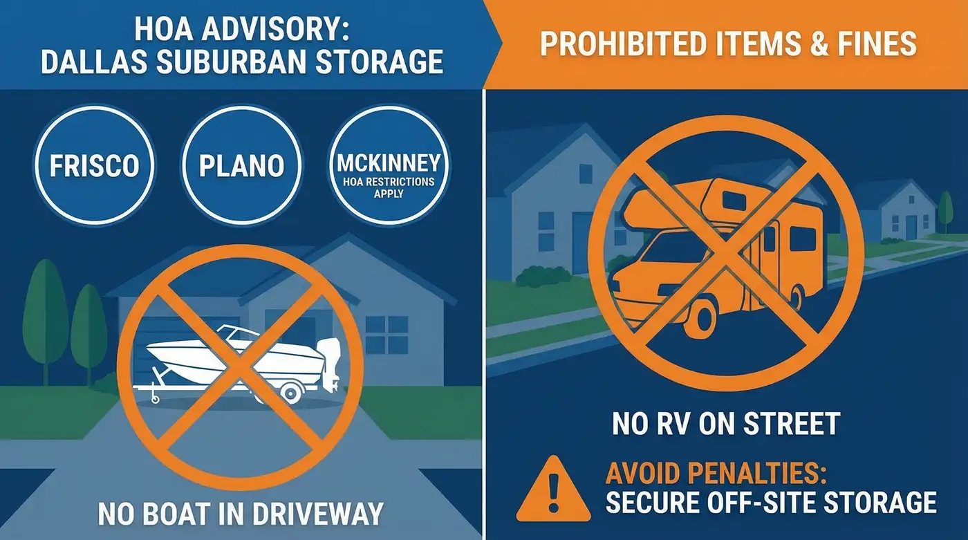 Dallas suburban HOA restriction notice banning RVs, boats, and PODS from driveways