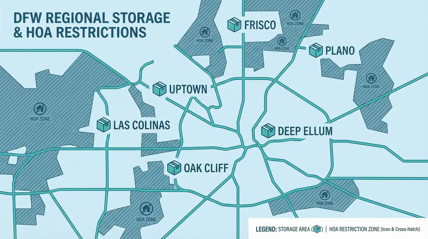Dallas-Fort Worth storage facility map showing pricing by neighborhood