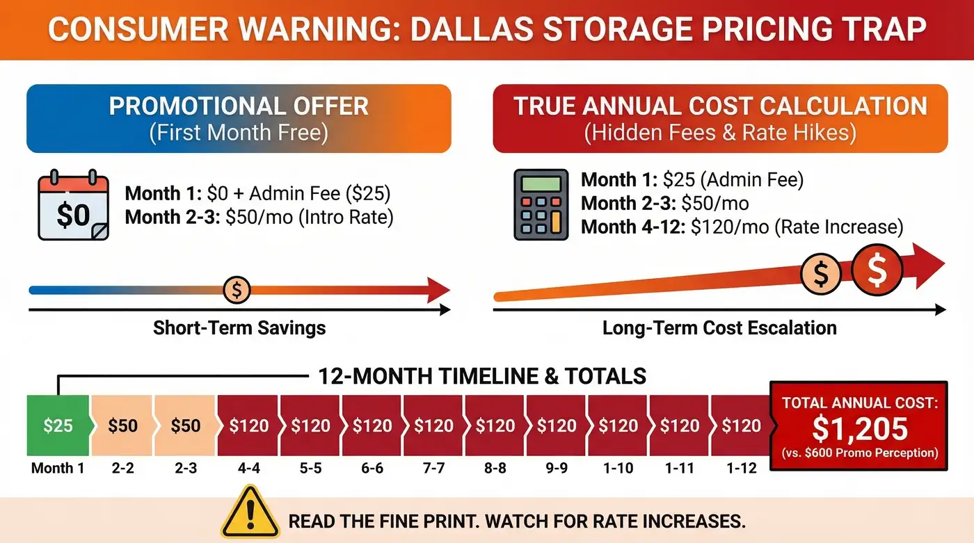 Infographic showing how first month free storage promotions cost more over 12 months in Dallas