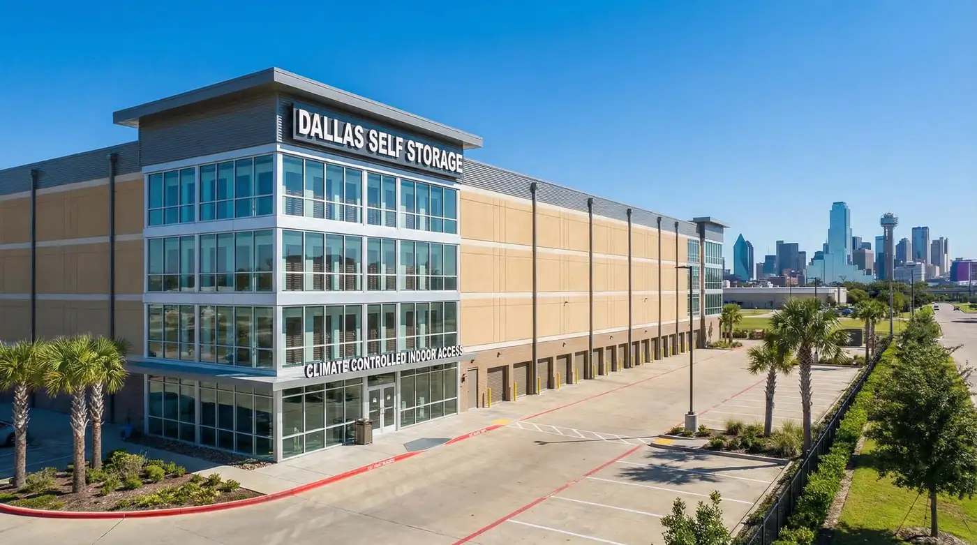 Climate-controlled storage facility exterior in Dallas with Fort Worth skyline in the distance