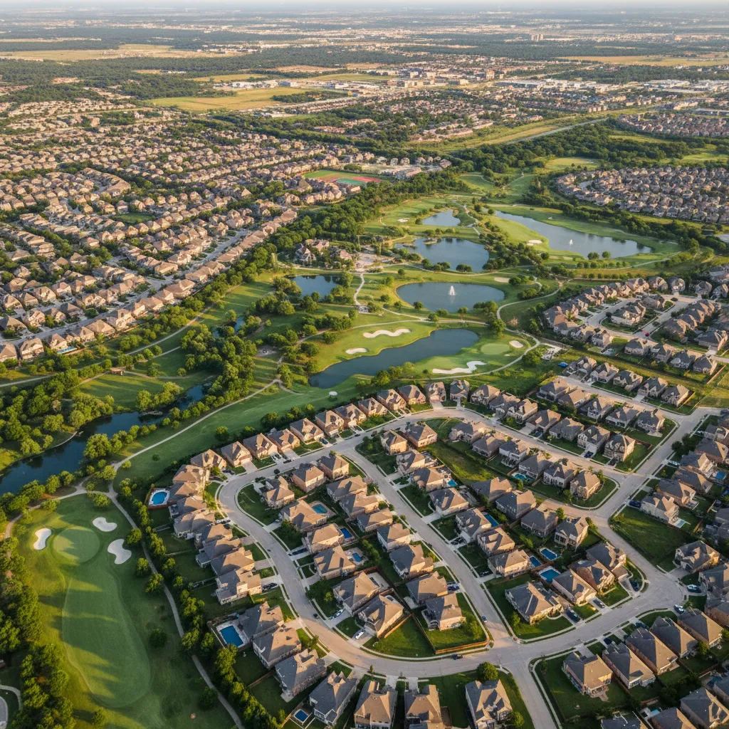 Overview of suburbs near Dallas Texas showing diverse suburban communities