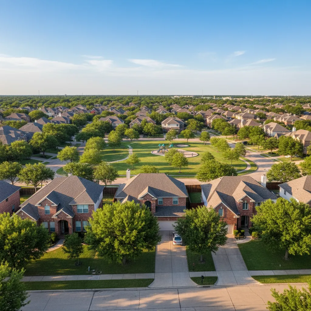 Las Colinas suburb near Dallas Texas with tree-lined streets and family-friendly homes