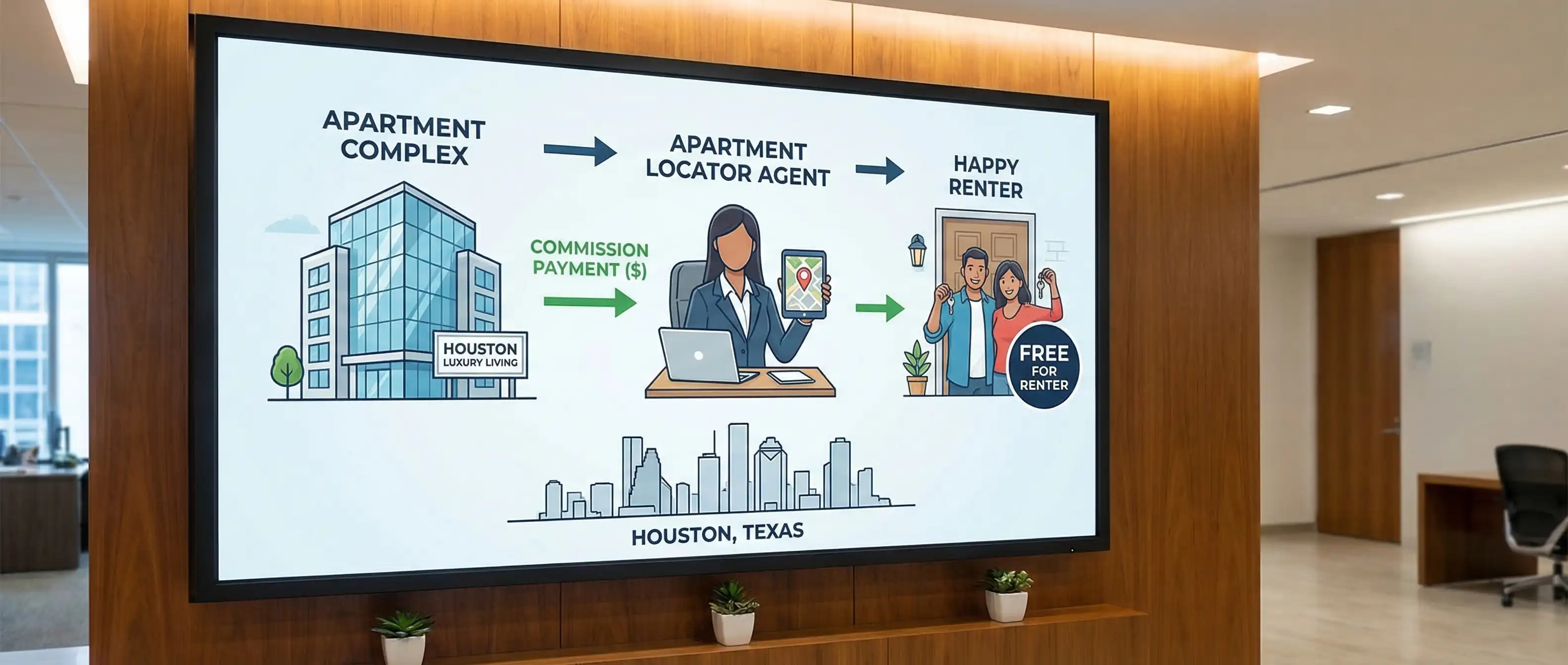 Diagram explaining how apartment locator commissions work: apartment pays locator 50-100% of first month rent