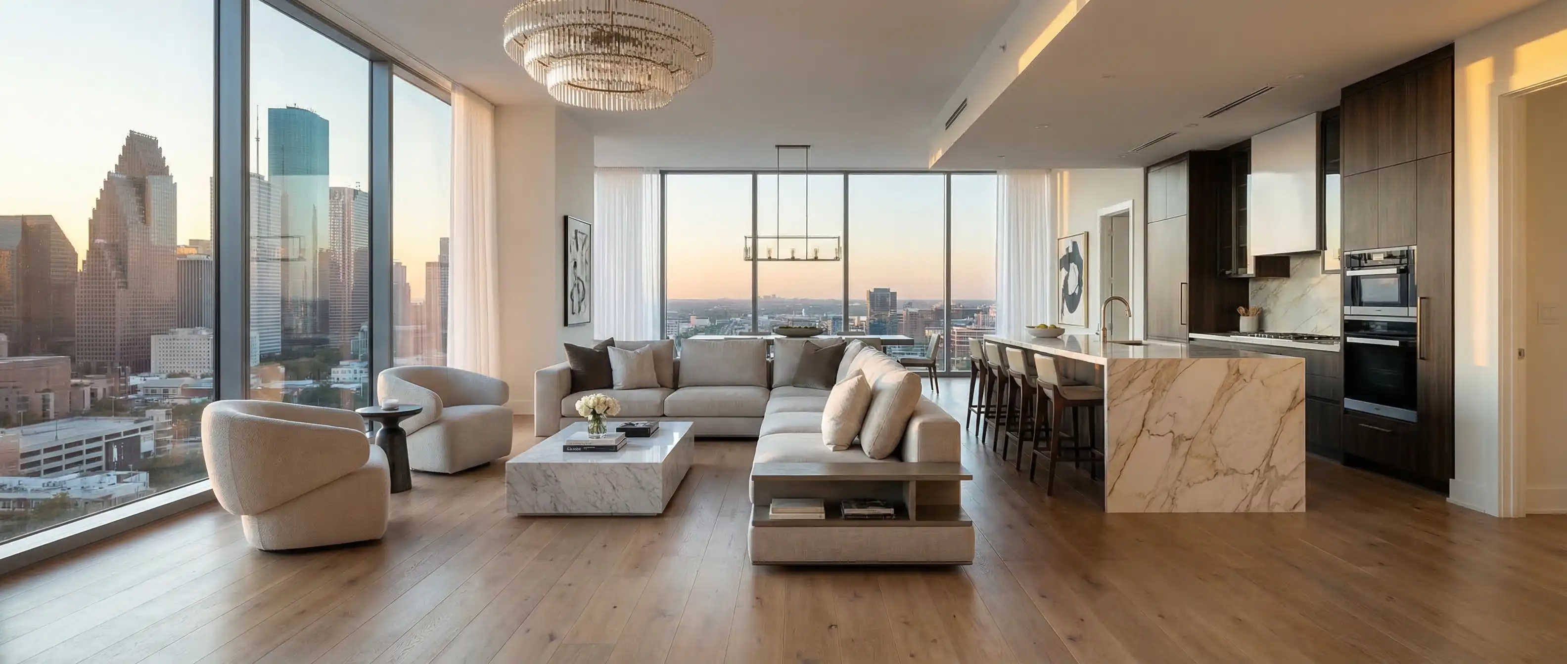 Modern luxury apartment interior in Houston with floor-to-ceiling windows and downtown skyline view
